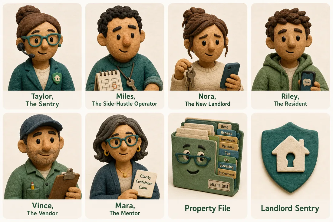 Landlord Sentry claymation character headshots.