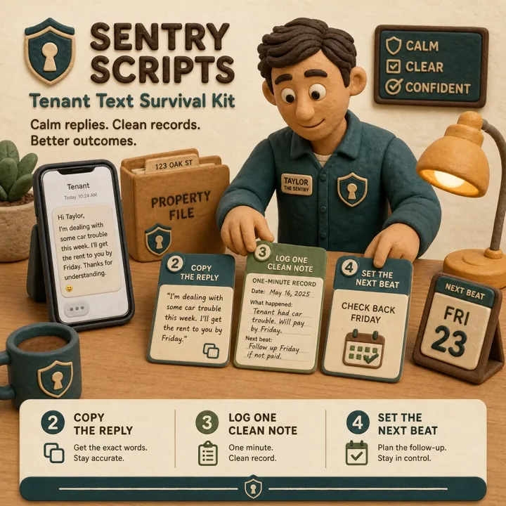 Claymation card showing copy reply, log note, set next beat.