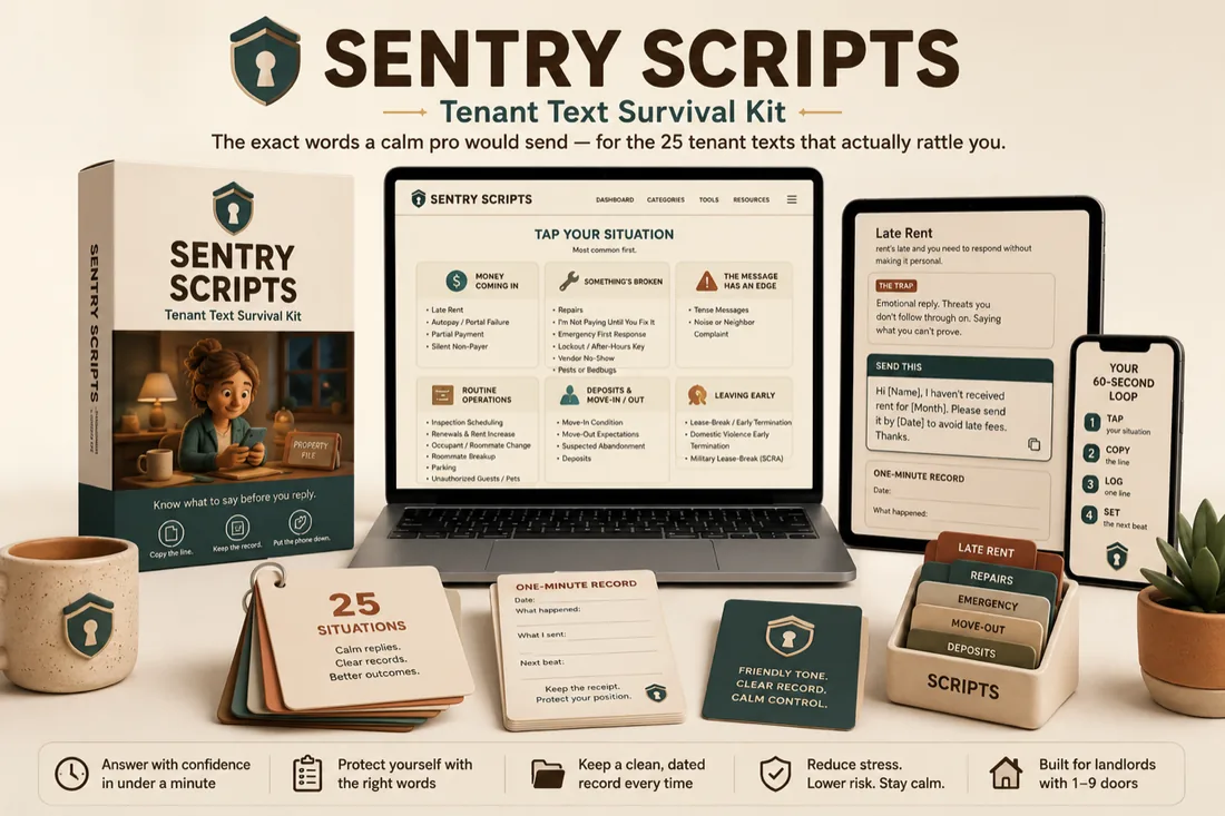 Sentry Scripts product proof showing categories, scripts, record cards, and phone workflow.